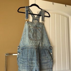 Slouchy crop denim overalls